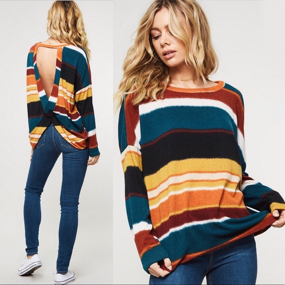 NEW! Colorblock Striped Loose Knit Sweater Top - Picture 2 of 4